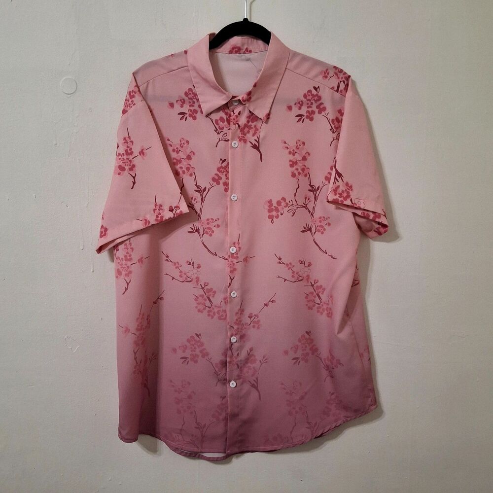 Manfinity Men's XXL Pink Cherry Blossom Ombre Short Sleeve Sakura Hawaiian Beach